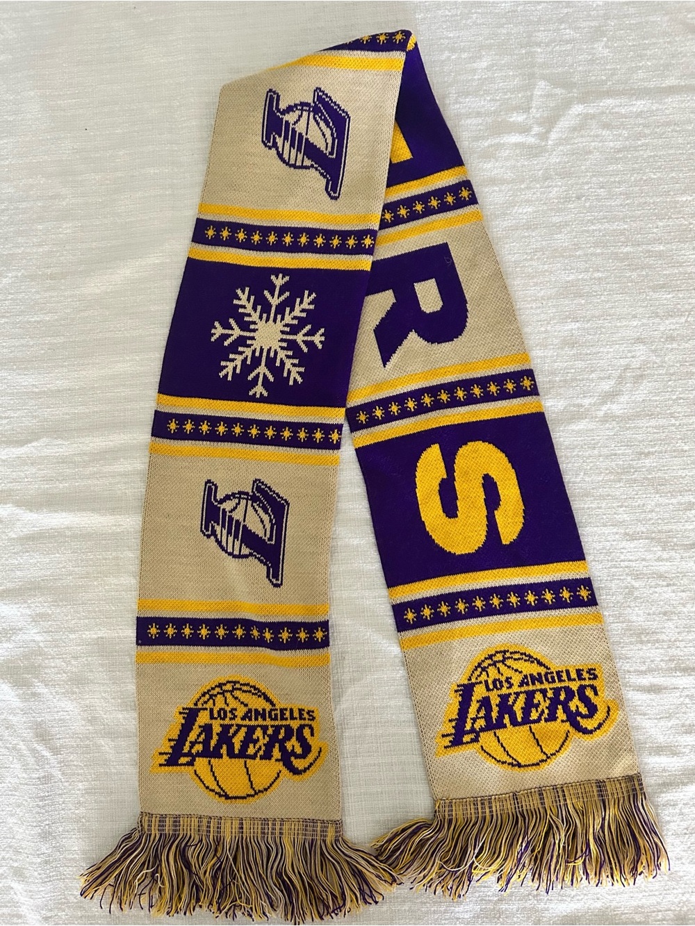 Vintage LA Lakers Knit Winter Scarf Purple Gold Cream Fringe Tassels NBA